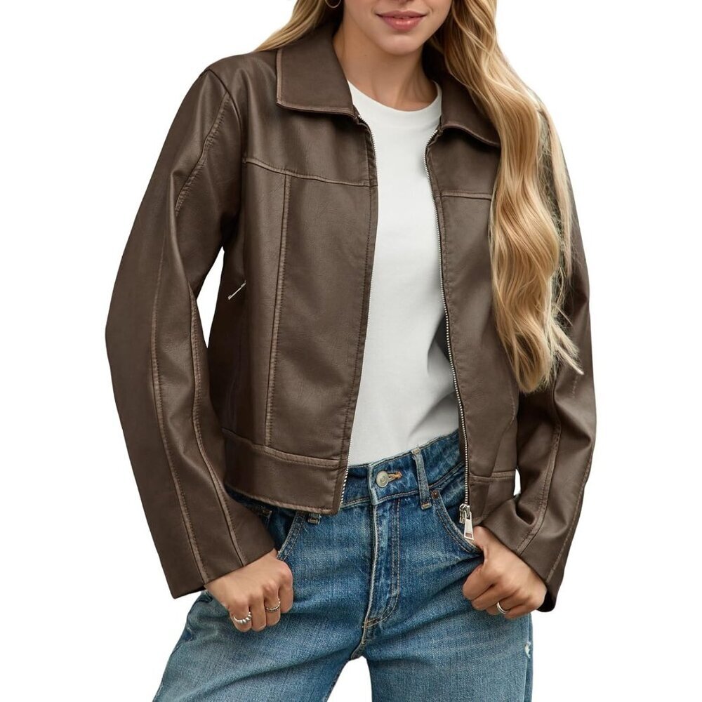 Women's Faux Leather Jacket Zip Up Motorcycle Long Sleeve with Pocket Brown